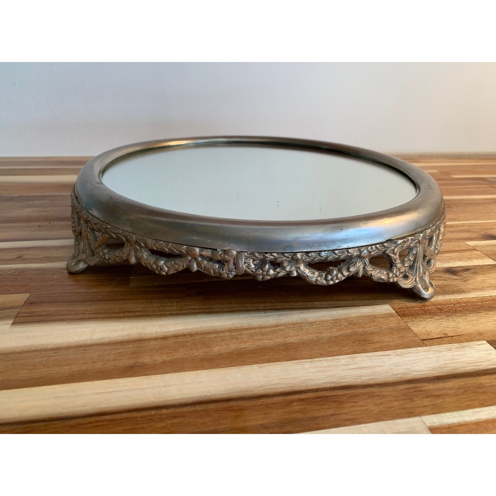 Vintage Mirror Tray Hollywood Silver Ornate Filigree Retro Coquette Luxe 10"